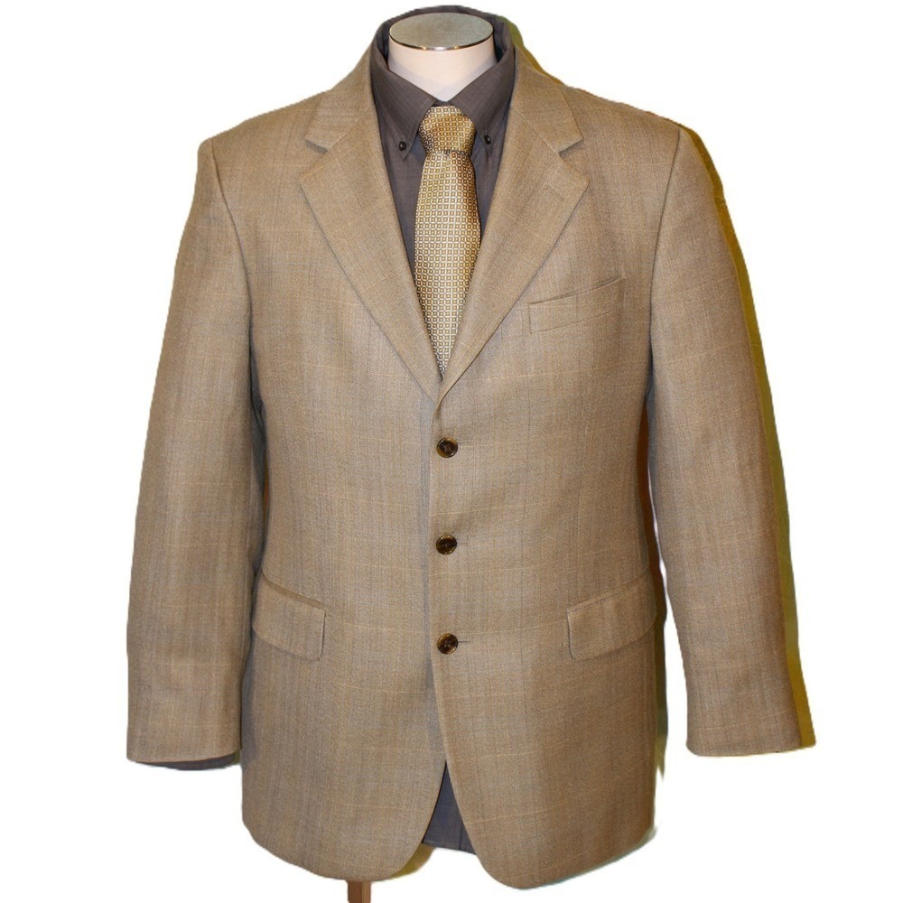 44 Mens Beige Silk Wool Herringbone BLAZER & SILK TIE Plaid Coat Jacket Unique